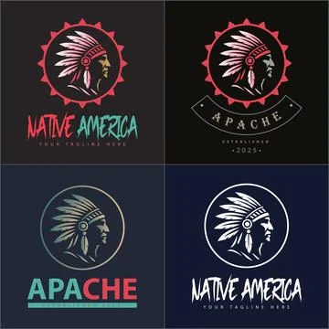 Apache indian aztec native american warrior tribes face head logo set Stock Illustration