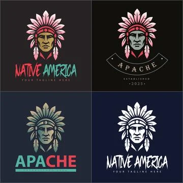 Apache indian aztec native american warrior tribes face head logo set Stock Illustration