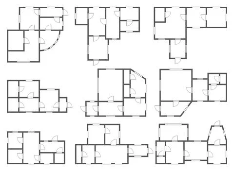 Apartment architectural plans set. Different black and white isolated blueprint Stock Illustration