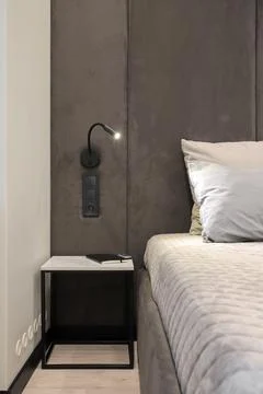 Apartment bedroom interior bedside table Stock Photos