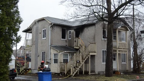 Apartment block fire in Chamby, Quebec Stock Footage 125961725