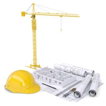 Apartment block under construction, crane, blueprints, drawing instruments, hard Ilustración de archivo