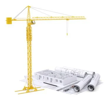 Apartment block under construction, crane, blueprints, drawing instruments Ilustración de archivo