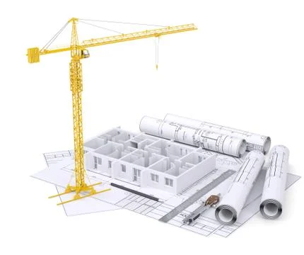 Apartment block under construction, crane, blueprints, drawing instruments Ilustración de archivo