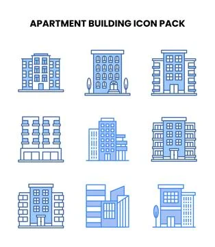 Apartment Building Blue Bundle Icons Pack Stock Illustration