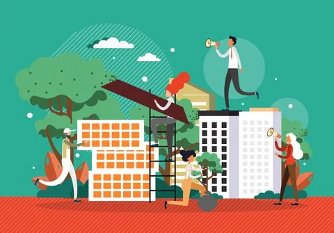 Apartment building construction. Architect, builder worker. Modern city building Stock Illustration