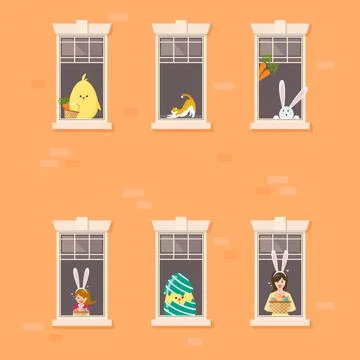 Apartment building facade with neighbor easter character in open windows Ilustración de archivo