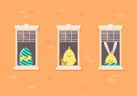 Apartment building facade with neighbor easter chickens in open windows Ilustración de archivo