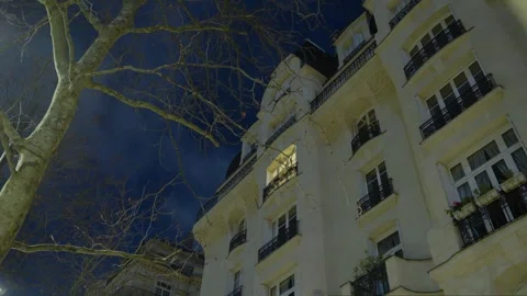 Apartment building at night with tree lit window, Paris, France Stock Footage 332212274