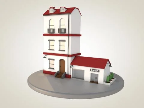 Apartment building with shop. 3D rendering. Stock Illustration