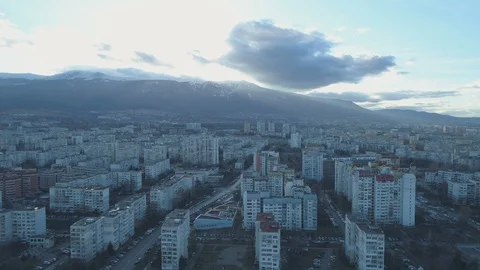 Apartment buildings in district of Sofia with Sunset clouds and Vitosha mountain Stock Footage 124226326