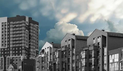 Apartment complex with geometric pattern. Stylish highrise building with Stock Photos