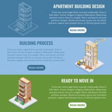 Apartment construction vector flat isometric horizontal banner set Illustrazione stock