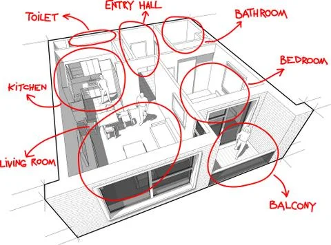 Apartment diagram with hand drawn notes Stock Illustration