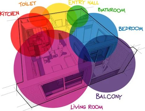 Apartment diagram with hand drawn notes and zone bubbles Stock Illustration