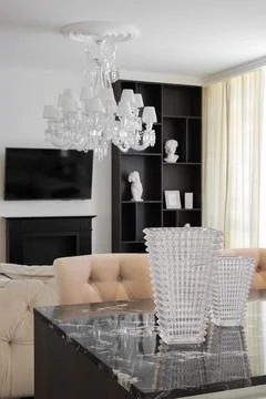 Apartment dining room interior chandelier Fotos Stock