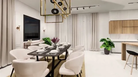 Apartment dinning and kitchen interior design 3d visualization. 3d render ani Stock Footage 220413158