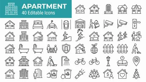 Apartment Editable Line Icons Set. 스톡 일러스트