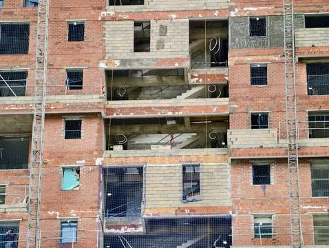 Apartment facade with construction components, Construction elements of cit.. Fotos de archivo