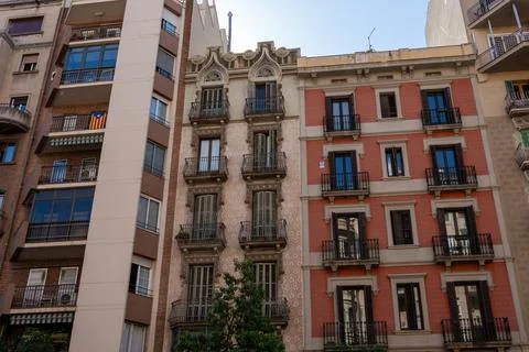 Apartment facade pattern lines street view with tall residential buildings,.. 库存照片