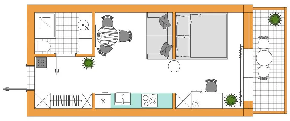 Apartment floor plan. Studio plan of condominium. Vector Stock Illustration
