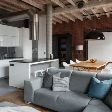 Apartment with gray sofa Stock Photos