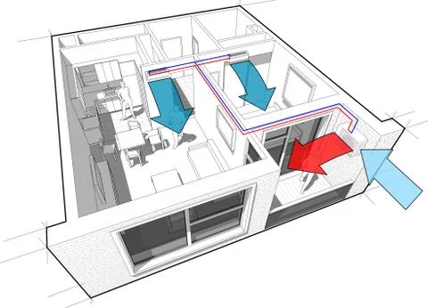 Apartment with indoor wall air conditioning diagram Stock Illustration