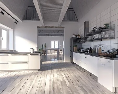 Apartment interior with kitchen. 3d Stock Illustration