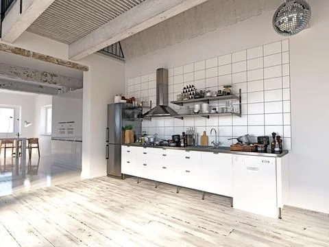 Apartment interior with kitchen. 3d Stock Illustration