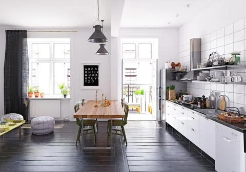 Apartment interior with kitchen. 3d Stock Illustration