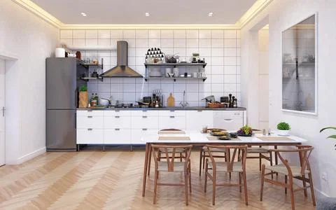 Apartment interior with kitchen. 3d Stock Illustration
