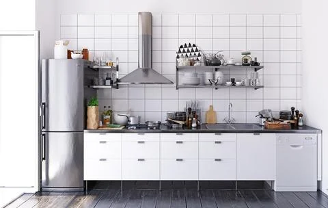 Apartment interior with kitchen. 3d Stock Illustration