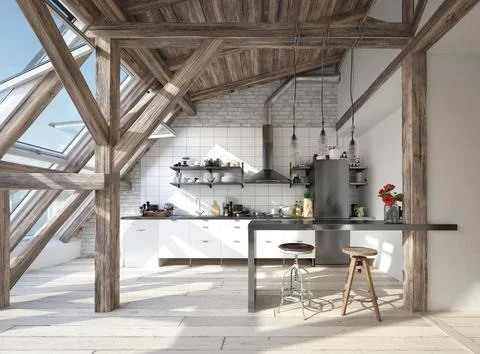 Apartment interior with kitchen. 3d Stock Illustration