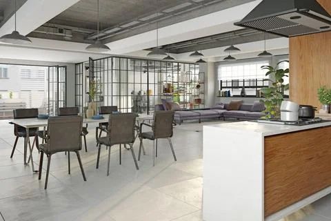 Apartment interior with kitchen. 3d Stock Illustration