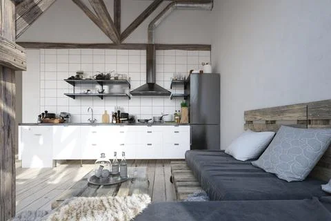 Apartment interior with kitchen. 3d Stock Illustration