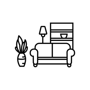 Apartment interior pixel perfect linear icon. Living room furniture. Cosy hom Stock Illustration