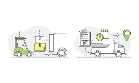 Apartment move set. Loading, transportation and logistics service linear vector Stock Illustration
