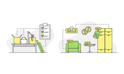 Apartment move set. Relocation and renovation of new house. Packing and buying Stock Illustration