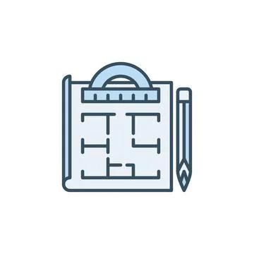 Apartment Plan with Pencil and Protractor vector blue icon Stock Illustration