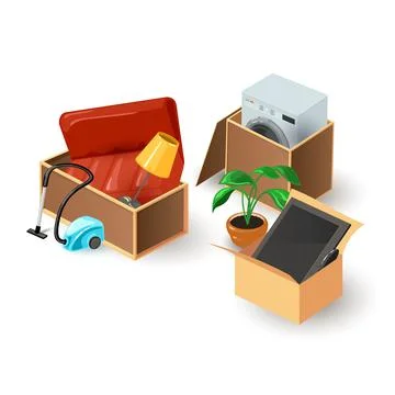 Apartment stuff packed in cardboard and wooden boxes Stock Illustration