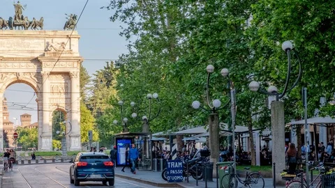 Aperitif time in Arco della Pace square in Milan, Italy Stock Footage 108579788