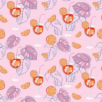 Aperol Spritz Cocktail pattern. Background with glass of refreshing drink. Stock Illustration