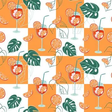 Aperol Spritz Cocktail seamless pattern. Geometric background. Stock Illustration
