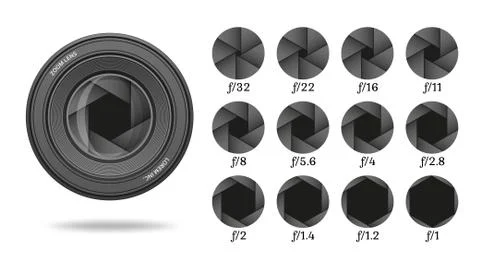 Aperture icon set with value numbers. Camera shutter lens diaphragm row Stock Illustration