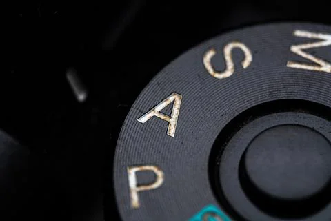The apeture priority adjustment dial is close on the camera. Old and dirty Stock Photos
