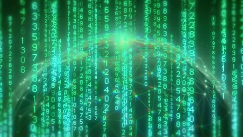 Apex light brightening, 3D globe pulsing as green digits cascading, visualizing Stock Footage 334322358