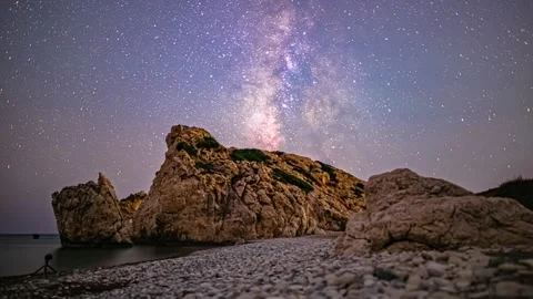 Aphrodite's Rock Viewpoint In Cyprus With A Timelapse Of Milky Way. Stock Footage 247317680