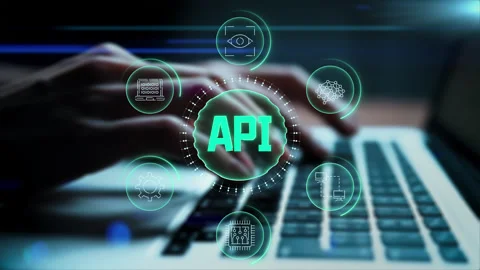 API Application Programming Interface Concept. A programmer types on a lapto Stock-Footage 319350575