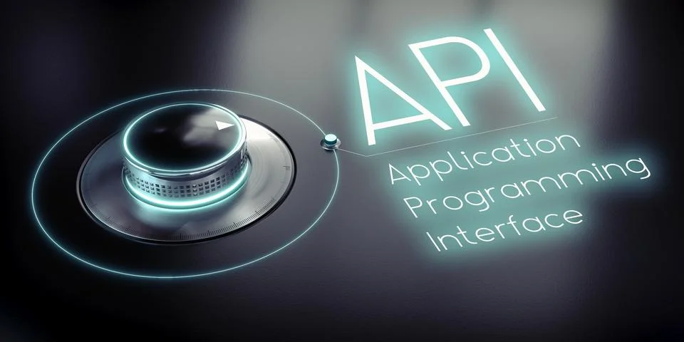 API, Application Programming Interface - rotary knob and glowing word - 3D .. Stock Illustration