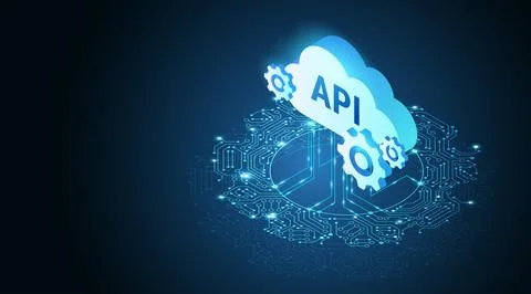 API cloud and gears connected to data network - abstract technology Stock Illustration